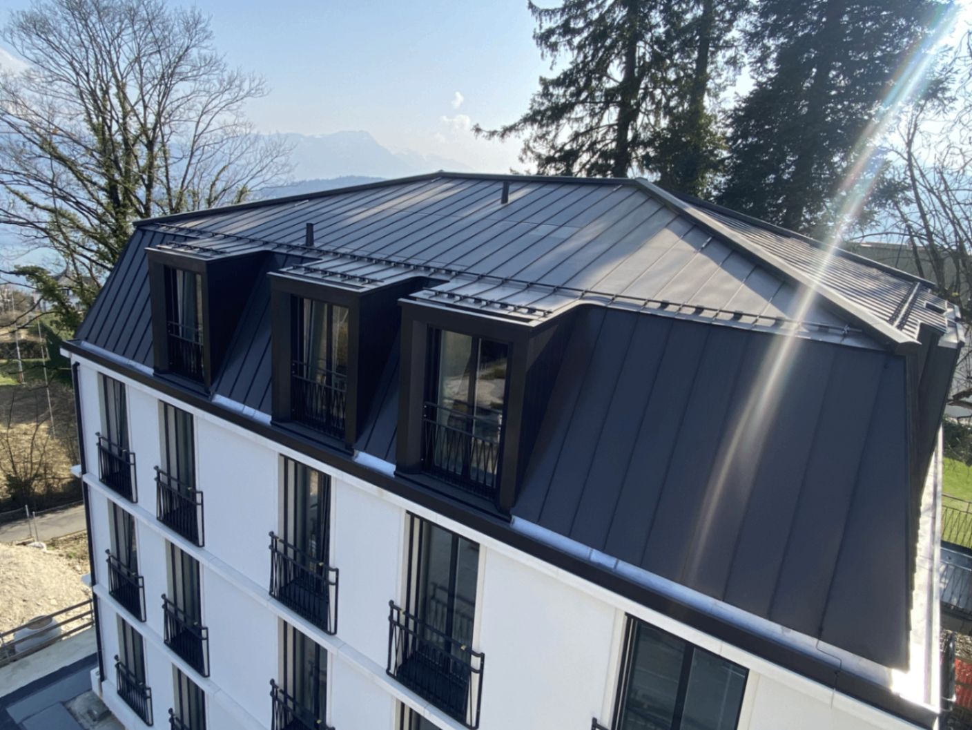 Mehrfamilienhaus mit dunklem Metalldach